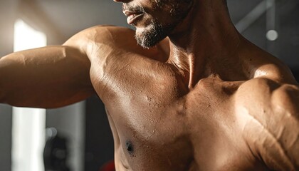 Close-up of a muscular man's upper body showcasing defined muscles and veins, bathed in soft light