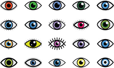 Diverse array of stylized eye icons with different iris colors and lash styles