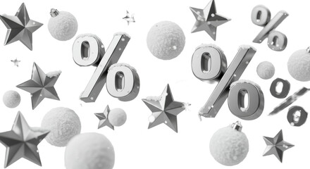 Hyperrealistic 3d render of reflective chrome percentage signs and detailed silver stars dusted with snow, dynamically floating against a transparent background with bokeh. Winter sale discount