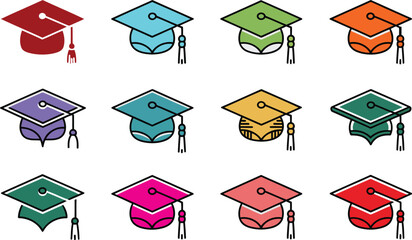 Diverse graduation caps in vibrant colors and styles