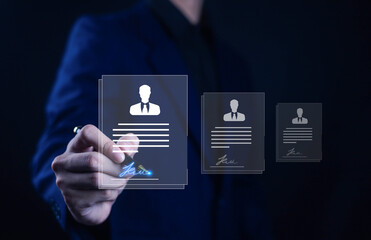 A business professional selecting a digital resume interface with glowing signature, representing recruitment, HR technology, candidate evaluation, online hiring process, modern workforce management.