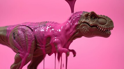 Pink paint pouring over a toy dinosaur on a vibrant pink background.