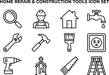 Home repair and construction tools line icon set featuring essential equipment, handyman tools, building elements, maintenance symbols, and DIY home improvement graphics