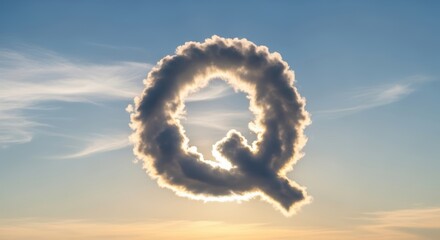 Naklejka premium A fluffy cloud perfectly shaped like the capital letter Q floats in a bright blue sky, backlit by the sun's rays.