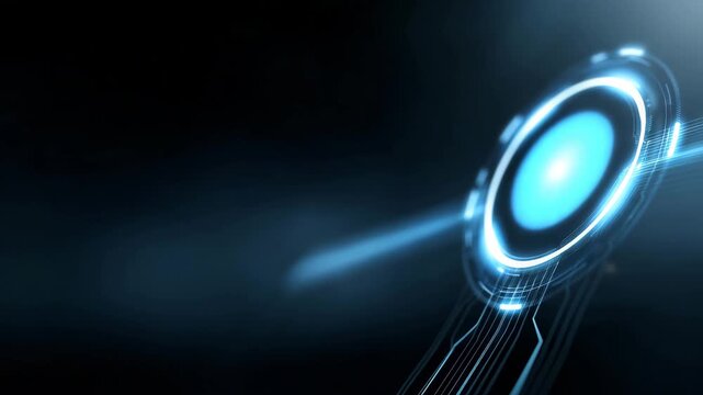 4k Minimalistic digital illustration of AI (Artificial Intelligence) concept featuring a glowing neon-blue circular interface with futuristic data lines and circuit connections extend