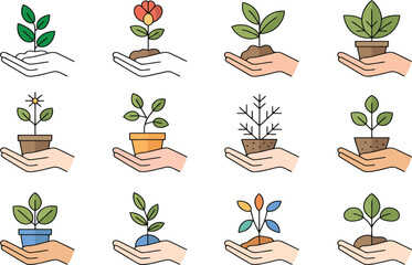 Hands Holding Plants and Growth Icons