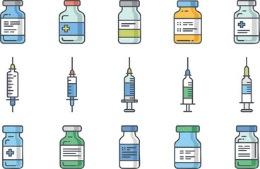 Medical Vials and Syringes Flat Icons Collection