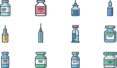Medical Vials and Syringes Flat Icons Set
