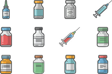 Medical vials and syringes in assorted colors