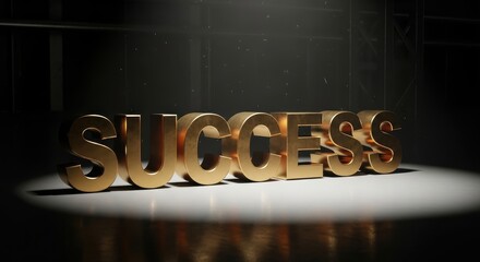 Golden SUCCESS letters shine brightly under a focused spotlight, dramatically conveying the essence of accomplishment and aspiration.