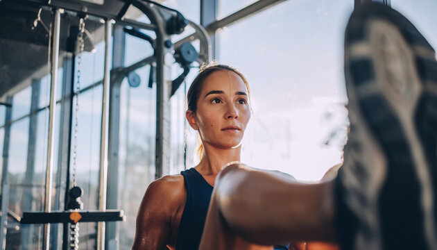 Woman performing leg press workout in bright natural light gym environment, fitness and wellbeing lifestyle - Powered by Adobe