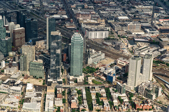 Aerial view  Long Island City with high-rise buildings and rail yards