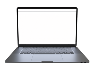 Laptop displays a blank white screen on a clean surface, symbolizing technology and potential for creativity and productivity.