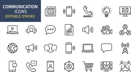 Communication line icon set featuring digital messaging, media sharing, broadcasting, mobile connectivity, online collaboration, global communication, and modern information exchange tools