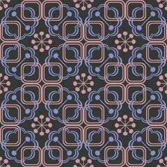 A modern geometric pattern with pink and blue curved lines forming floral-like symmetry on a dark background. Ideal for wallpapers, textiles, digital prints, packaging, and stylish decorative projects