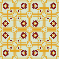 A retro-style pattern featuring yellow interlocking frames and red floral motifs on a pale background. Suitable for vintage-inspired wallpapers, fabrics, stationery, wrapping paper, and interior decor