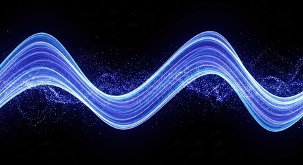 Vibrant blue waveform illuminates a dark background with subtle particle effects