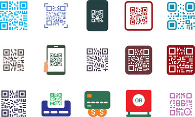 QR codes and mobile payment icons with currency QR code