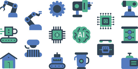 Robotics, AI, and Industrial Icons in Blue and Green Color