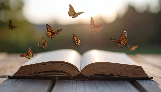 Open book with butterflies flying out, wooden desk, morning light, metaphor for knowledge and freedom 