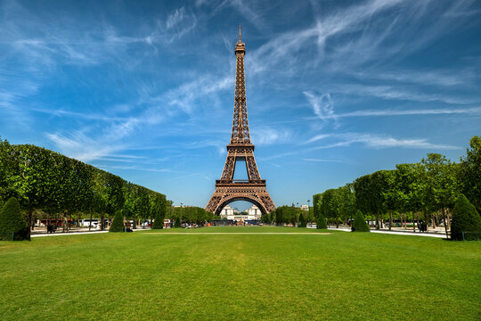 Paris France Eiffel Tower view from Champ de Mars public park