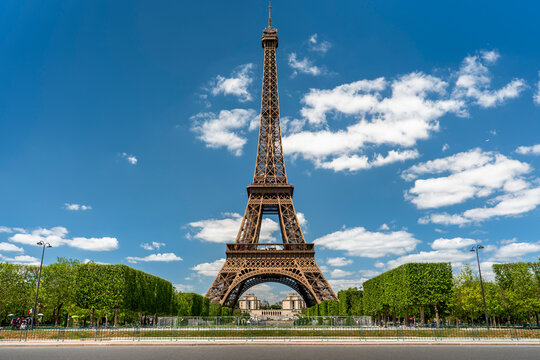 Paris France Eiffel Tower view from Champ de Mars public park