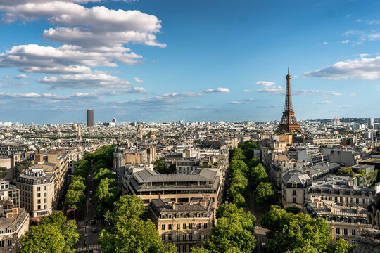 Paris France historic aerial city skyline view with Eiffel Tower