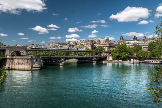 Paris France subway train on Pont de Bir Hakeimover Seine River