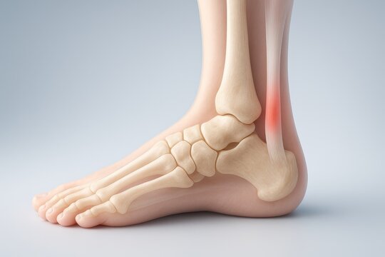 Clean 3D medical rendering of mid-portion Achilles tendinopathy showing lateral ankle anatomy with translucent tendon from calf to heel, localized red highlight on mid-portion, clinical style