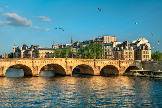 Paris France Pont Neuf historic stone bridge over Seine River