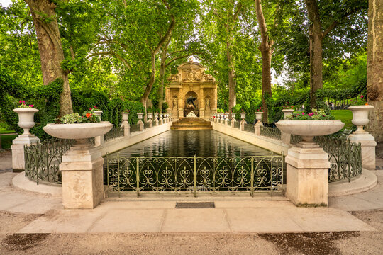 Paris France Medici Fountain sculptures in Luxembourg Garden
