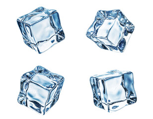 Obraz premium Four ice cubes floating against a white backdrop, showcasing their clear, frozen texture and refreshing coolness, perfect for summer drink ads.