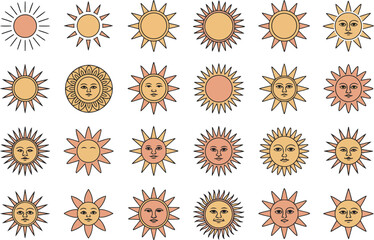 Sun Icons Collection Various Styles and Facial Expressions