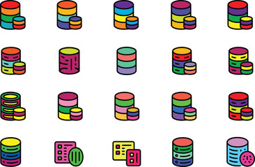 Stacked cylinder icons representing data storage and databases in bright colors