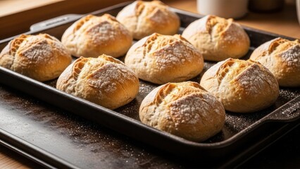 Freshly Baked Artisanal Bread Rolls on Baking Tray