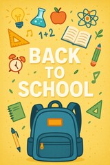 Back to school illustration with backpack, apple, and school supplies