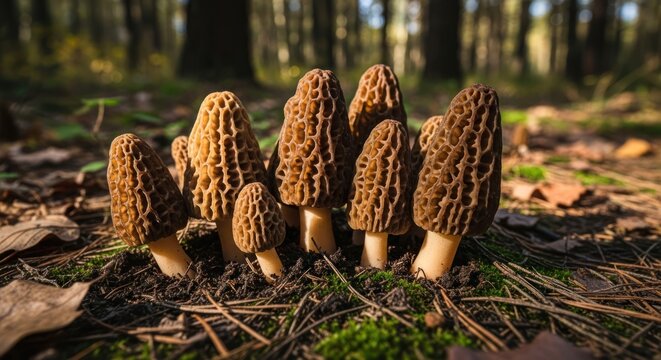 A cluster of delectable morel mushrooms in a forest setting.
