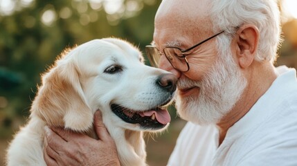 Elderly Man Gently Grooming His Beloved Dog in Minimalist Backyard at Golden Hour Heartwarming Bonding Moment in Soft Serene Lighting