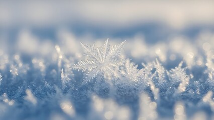 Closeup of a delicate snowflake resting on a bed of ice crystals illuminated by soft winter light.