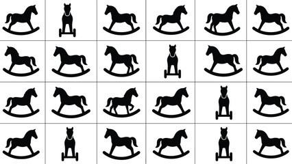 Black Silhouettes of Rocking, Wheeled, and Standing Toy Horses – Vector Set for Childhood, Vintage Play, and Decorative Design Use