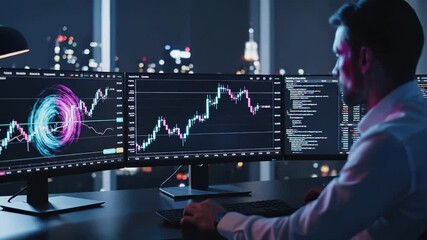 Professional trader analyzes financial market data on multiple monitors with candlestick charts and code. Night office workspace for trading, cryptocurrency analysis and investment strategy. Business - Powered by Adobe