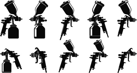 Black Silhouettes of Spray Guns – Vector Set Featuring Paint Tools for Industrial, Automotive, Coating, and Artistic Design Applications