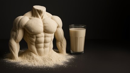 Protein powder figure combined with shake glass creating expressive strength oriented composition supported by minimal background and neat arrangement emphasizing fitness supplement idea