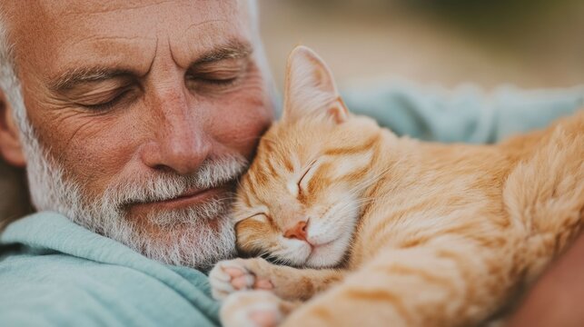 Senior man taking a peaceful afternoon nap with his beloved pet cat curled up on his chest in a soft neutral toned setting conveying a sense of relaxation and contentment