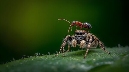 Macro Shot of Ant Standing on Jumping Spider with Detailed Insect Texture and Natural Green Background