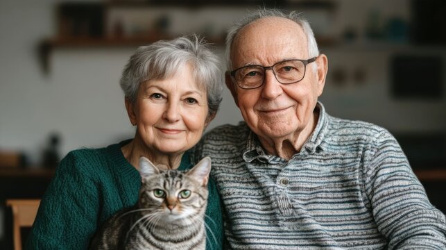 Elderly Couple Sharing a Peaceful Afternoon Tea in Their Cozy Modern Home Watching Their Playful Cat Explore the Wooden Table Top