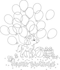 Greeting card with a happy little pony and a gift box, a big striped ball, sweets with flying holiday balloons, black and white vector cartoon illustration for a coloring book