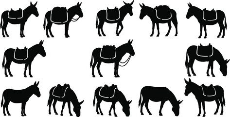 Donkey Silhouette Collection Featuring Saddled and Grazing Poses for Farm, Pack Animal, and Wildlife Vector Illustration and Design Use