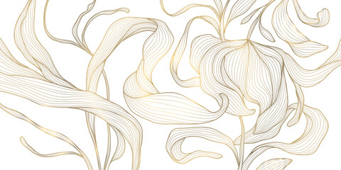 Elegant gold floral pattern background, delicate line leaves, botanical shapes. Luxury vector illustration, tropical elements, vintage art deco curves, premium botanical design