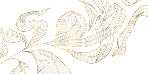 Fototapeta premium Elegant gold floral pattern background, delicate line leaves, botanical shapes. Luxury vector illustration, tropical elements, vintage art deco curves, premium botanical design
